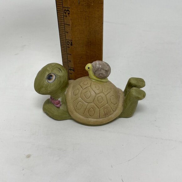 Vintage Ceramic Turtle Figurine Baby Turtle Riding On Back Laying Down Comfy - Picture 9 of 9